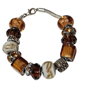Boho Handcrafted Beaded Chunky Bracelet Mixed Amber White Glass Beads Jewelry